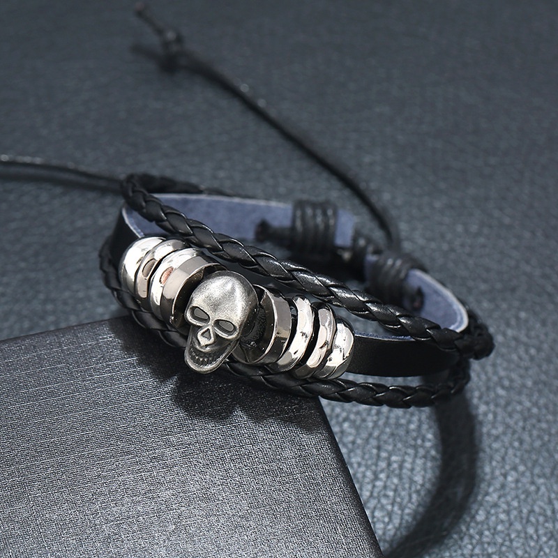 Gelang Tangan Kulit Adjustable Motif Tengkorak Ala Punk / Vintage Untuk Pria