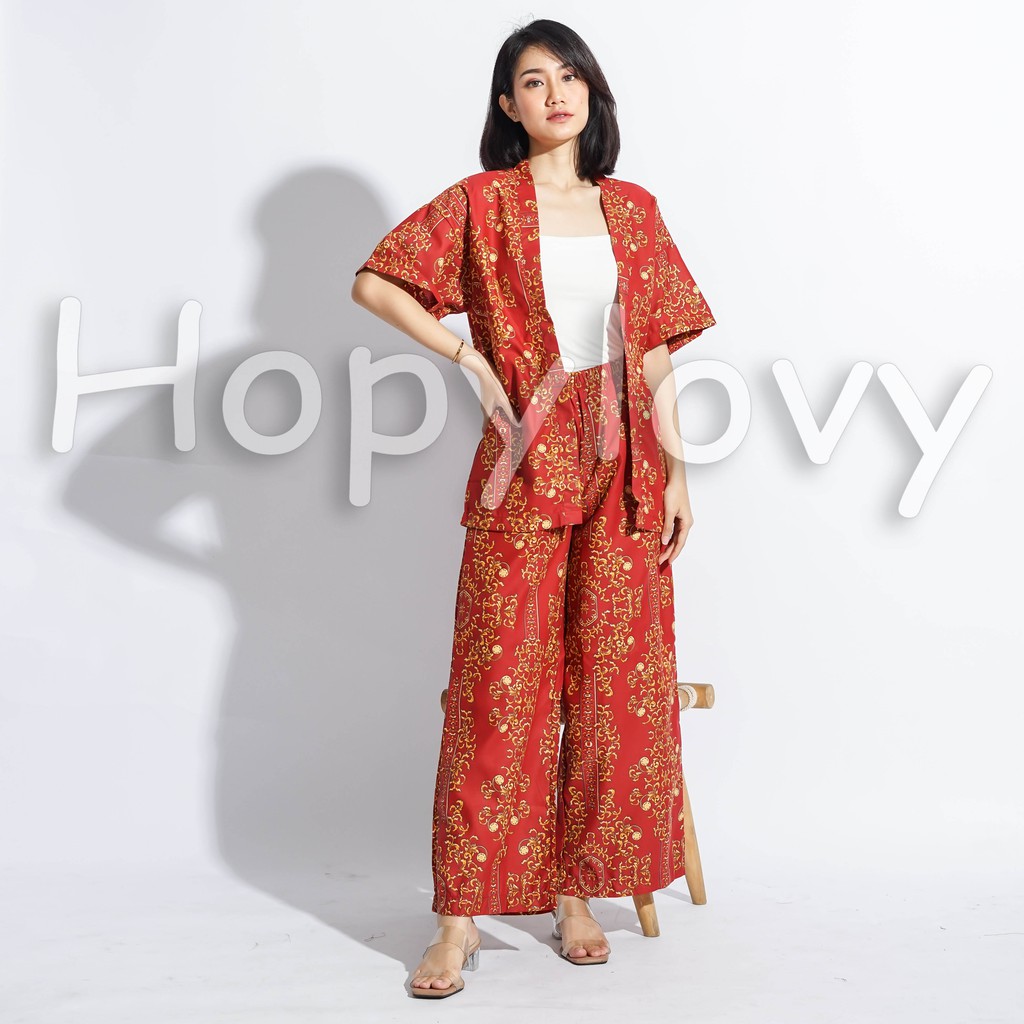 HOPYLOVY - Outer Setelan Wanita Motif Batik Bahan Katun Jepang Nilam