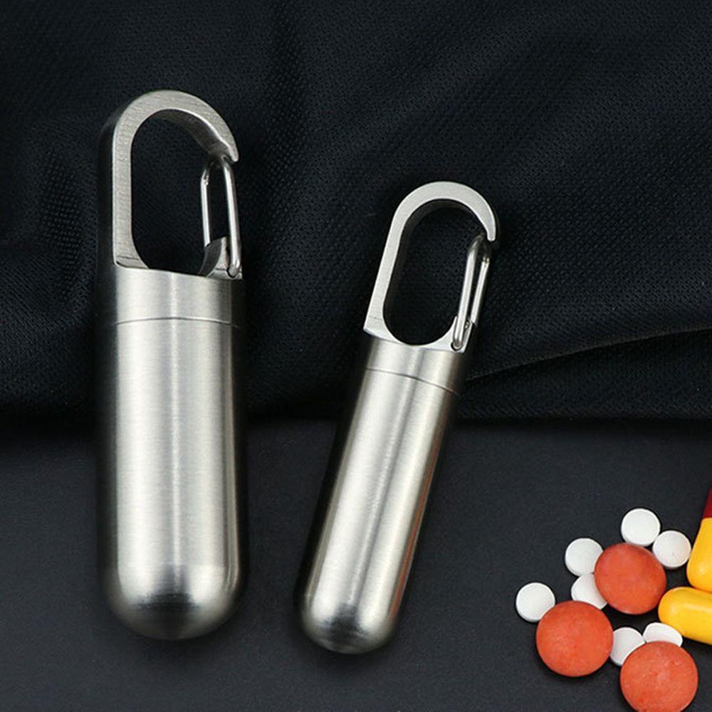 QUINTON Kotak Pil Obat Disegel Pria Gantungan Kunci Tahan Air Stainless Steel Gantung Gesper Kapsul Organizer