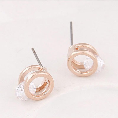 LRC Anting Tusuk Trendy Gold Color Diamond Decorated Round Shape Design Alloy Stud Earrings A38463