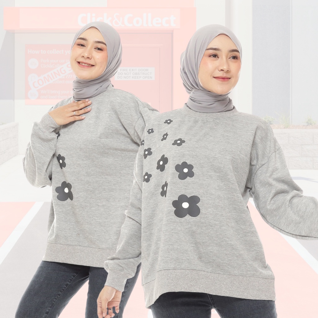 Biiu Sweater Wanita Flower Grey Misty Crewneck Oversize