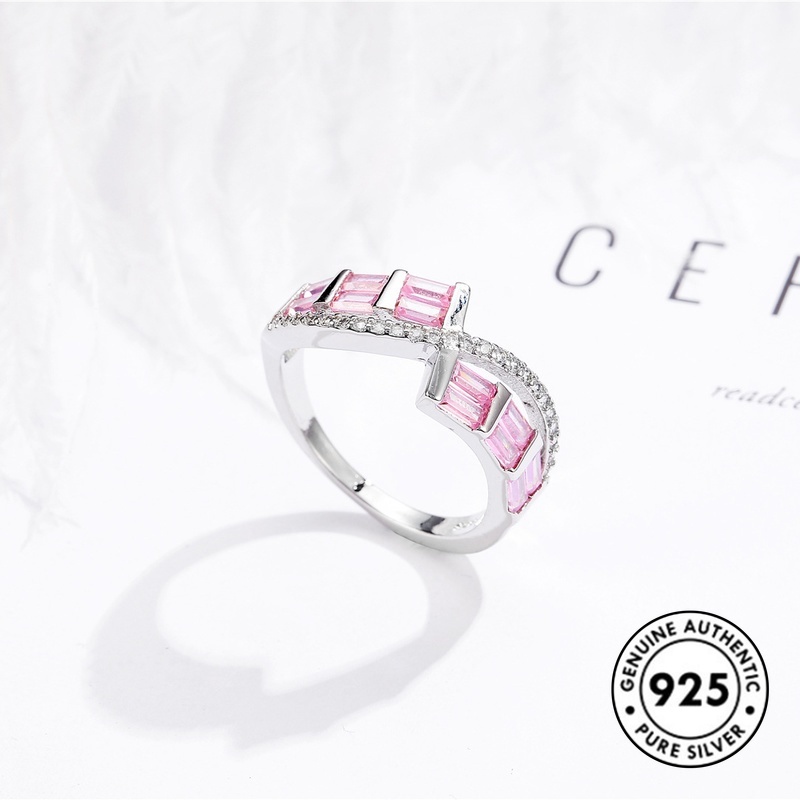 Cincin S925 Silver Bentuk Kotak Aksen Kristal Berlian Warna Pink