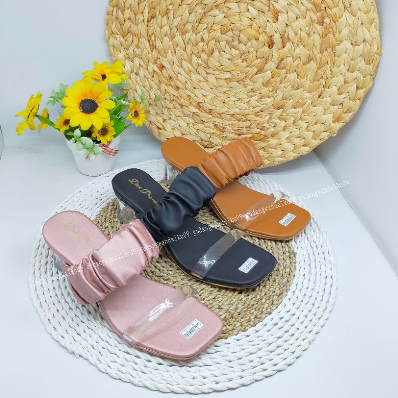 12.12 BRITHDAY SALE Tracy Sandal Wanita Kerut Scrunchie Hak Kaca 5cm Hp10