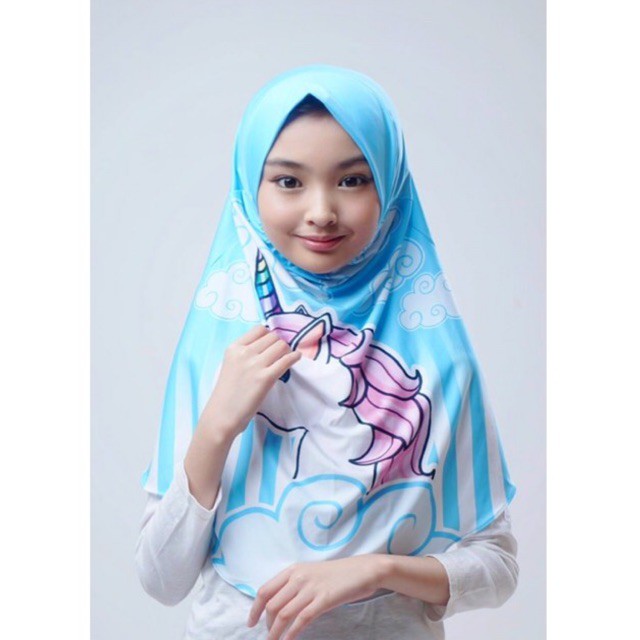 BERGO HIJAB INSTANT ANAK PRINTING MOTIF UNICORN AWAN BIRU LANGIT / HIJAB INSTANT KARAKTER LUCU