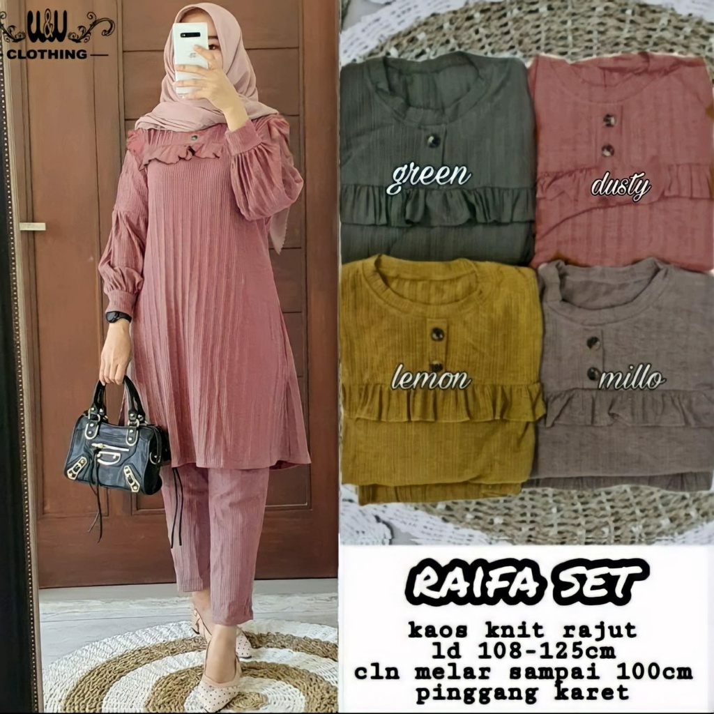 [COD] [Murcee] Raifa Set Baju Wanita Setelan Jumbo Set Tunik dan Celana Bahan Kaos Knit Rajut Nyaman