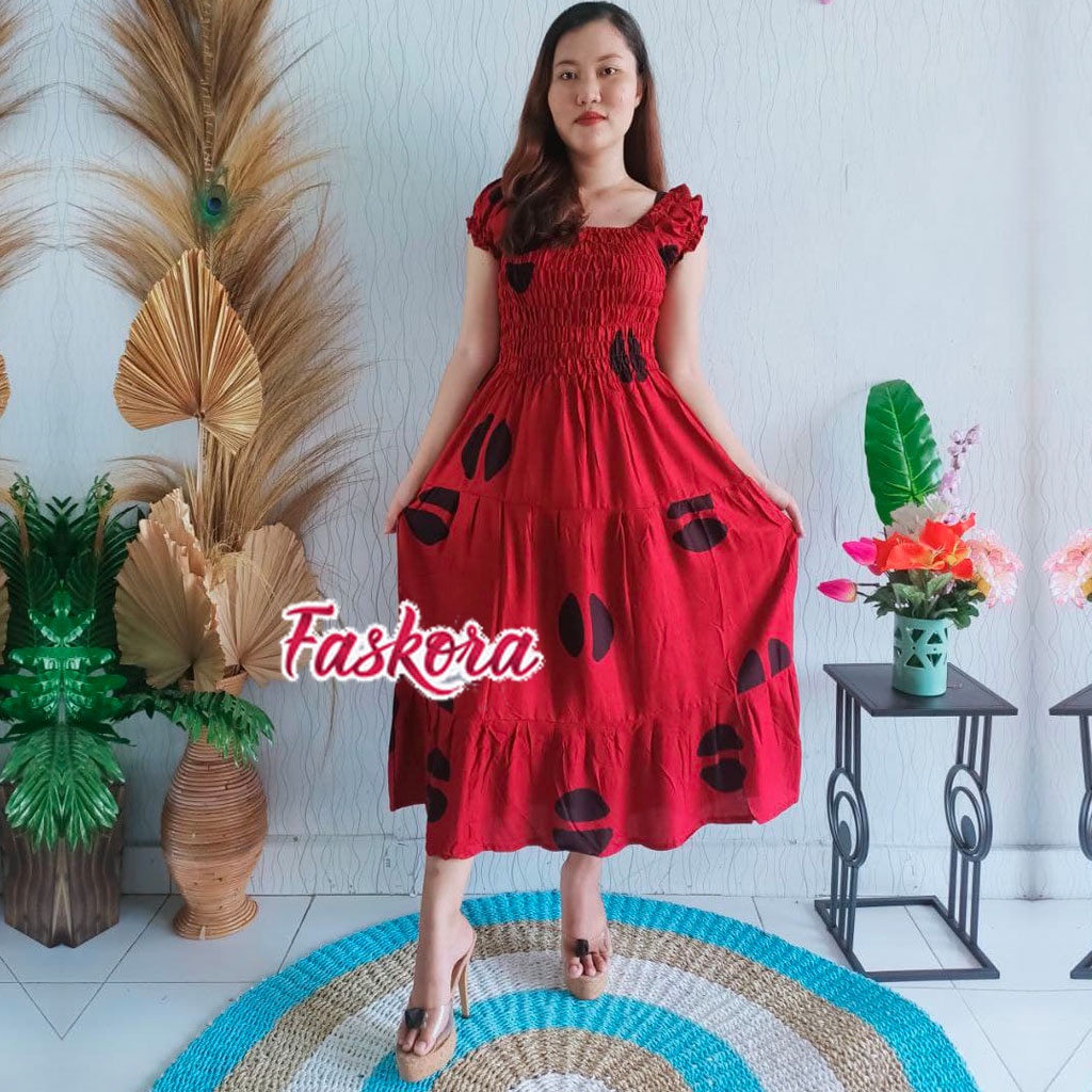 Dress Wanita Kerut Dada Bali Panjang Sabrina Rayon Jumbo Lengan Pendek Motif Kopi