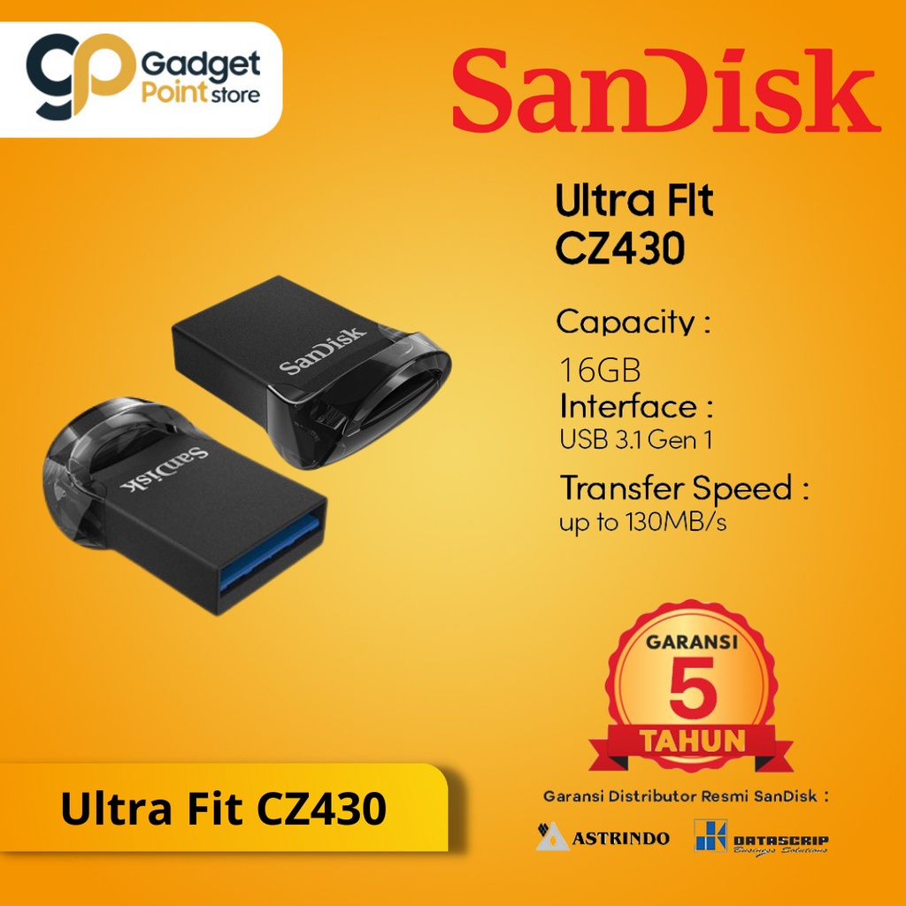 Flashdisk 16 GB | Sandisk 16GB Ultra Fit USB 3.0 CZ430 - Garansi Resmi 5 Tahun