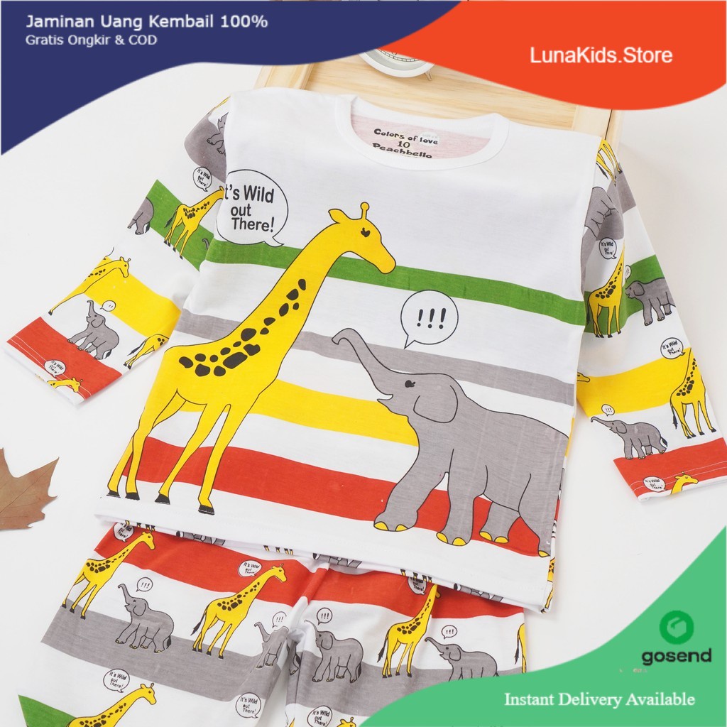 Setelan Baju Tidur Piyama  Piama Anak Lengan  Panjang  Laki Laki Motif Gajah Dan Jerapah Usia 1-6th