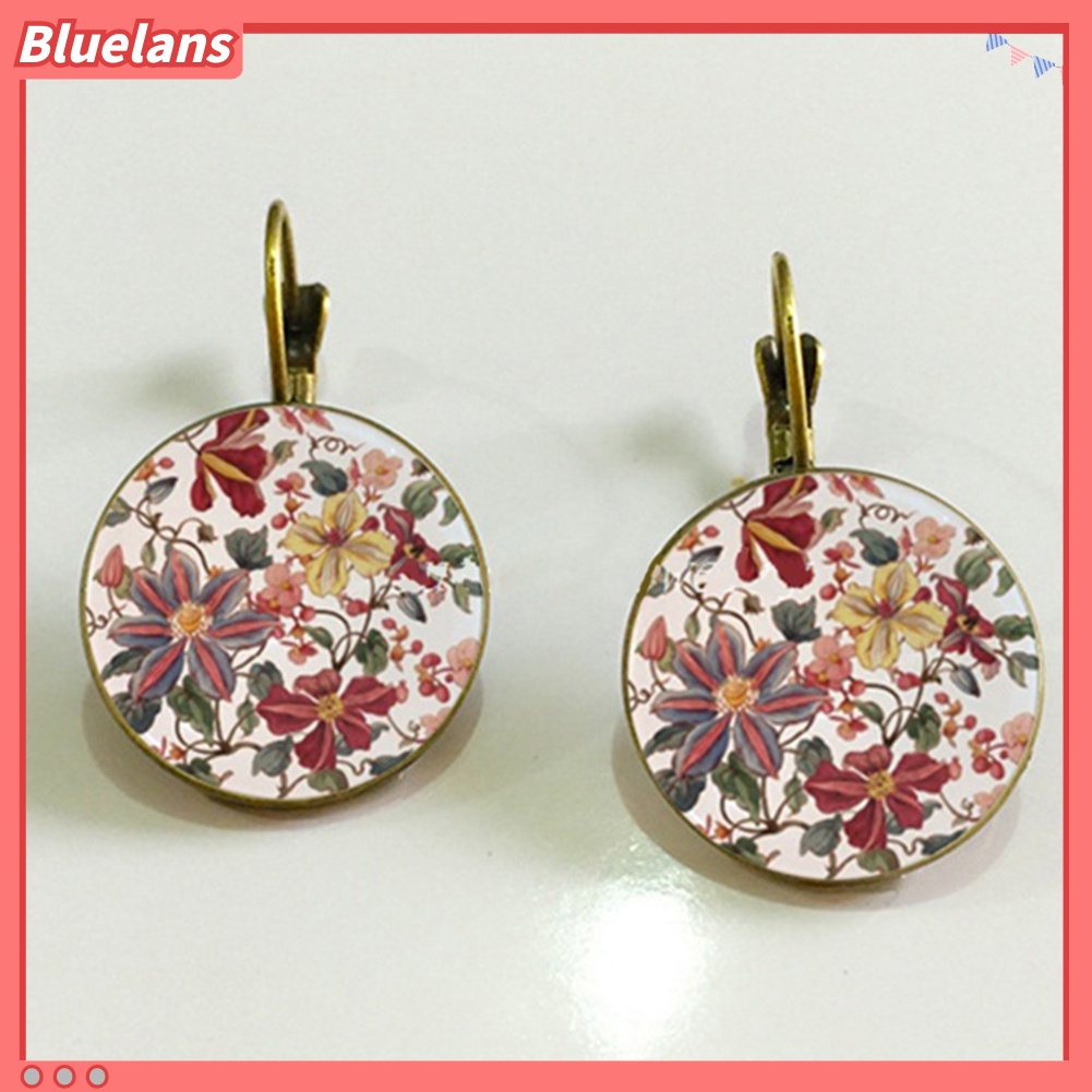 Bluelans Vintage Flower Printed Round Pendant Women Leverback Earrings Party Jewelry