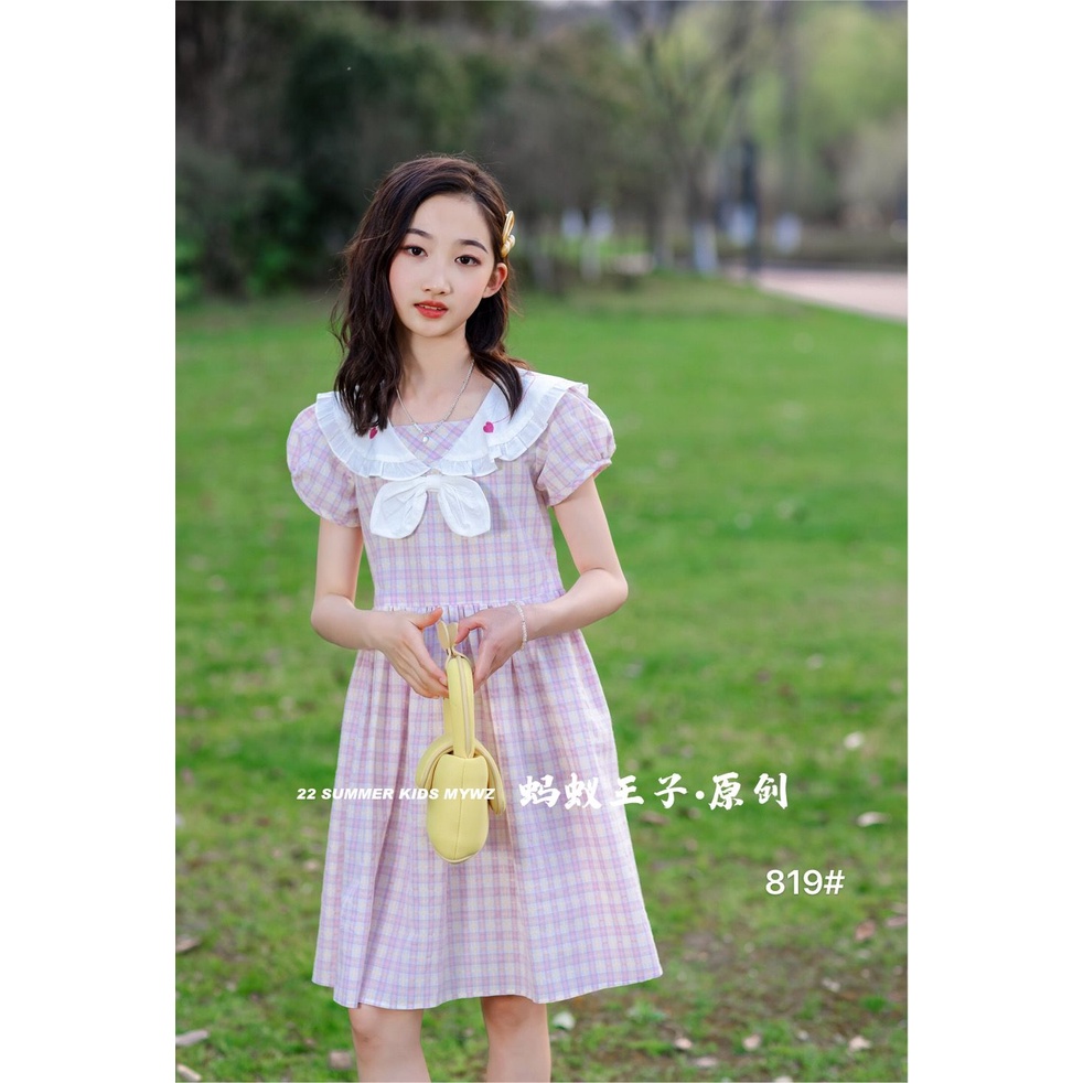 Dress Anak Perempuan Santai Motif Petak Model Kerah Kupu-Kupu Warna Biru Pink Korea Style Premium Im