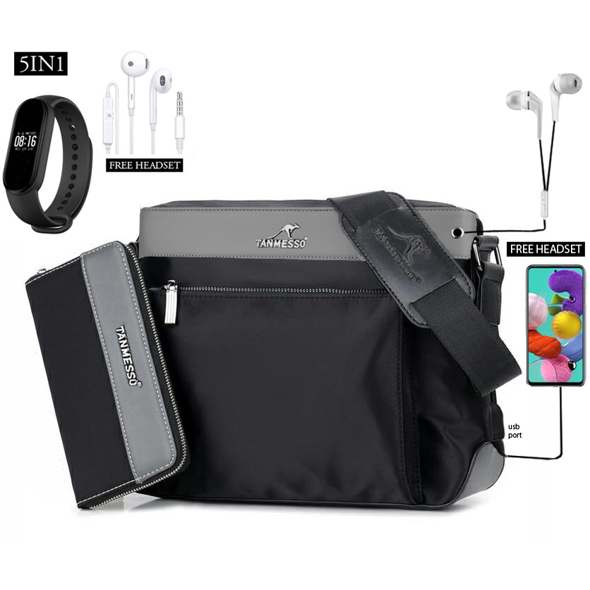 5IN1 TAS BONUS JAM &amp;DOMPET,USBPORT &amp;HEADSET -TAS SELEMPANG PRIA sling bag usb port