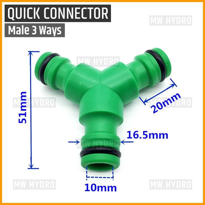 Quick Connector Male 3 Ways, Konektor Jantan 3 Arah