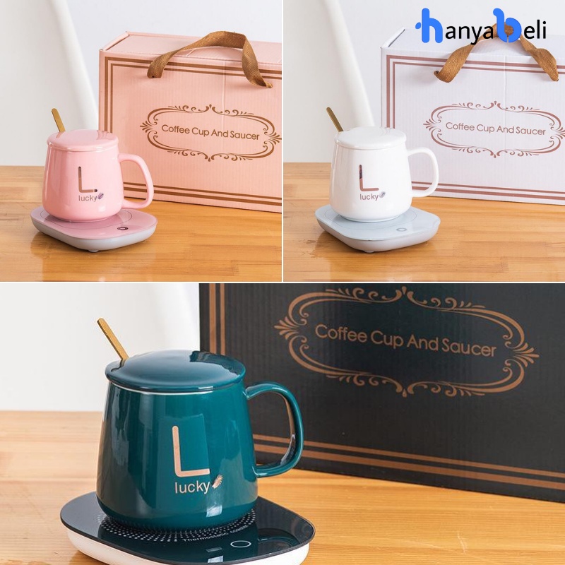 Mug Cangkir Elektrik Paket Hampers Warmer Cangkir Keramik Saucer Set Kemasan Gif Box Pemanas Elektrik Portable 55 Suhu Derajat