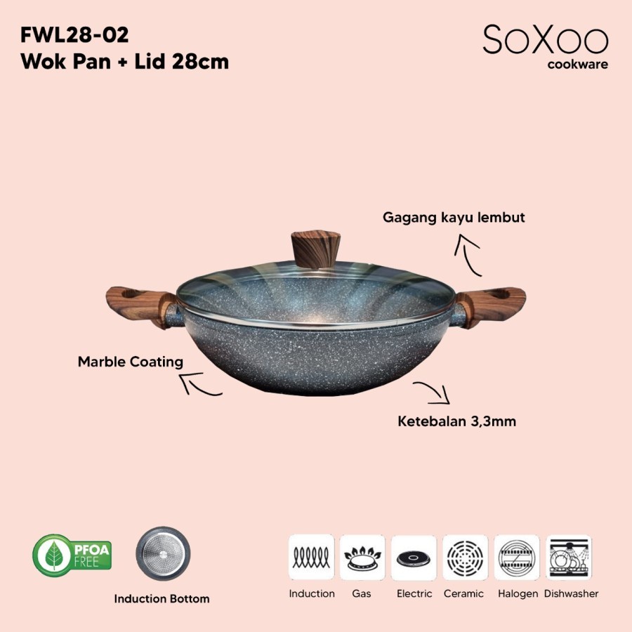 Soxoo Cookware Wok Pan Lid Marble 28 CM FWL28-02 Wajan Tutup Kaca