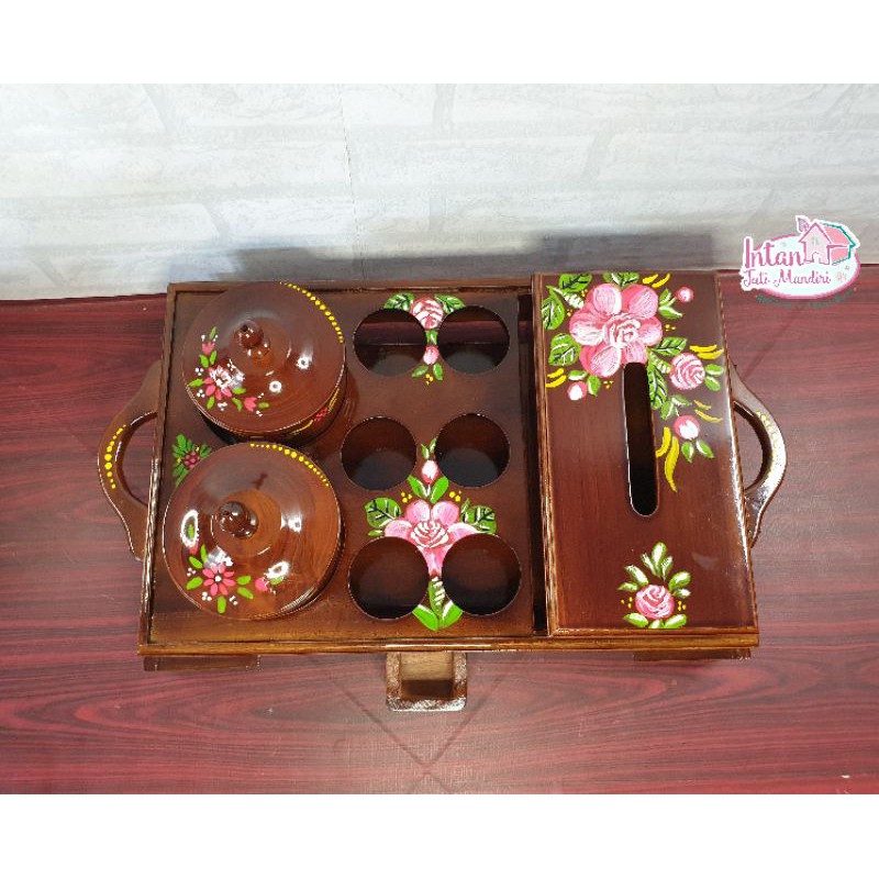 Jual Tempat Aqua Kotak Set Natural Kayu Jati Cukit Warna + Packing Kayu