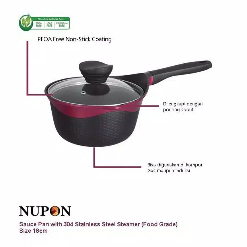 NUPON Sauce Pan 18cm Panci Anti Lengket PFOA Free dengan Tutup Kaca dan Steamer Stainless Food Grade