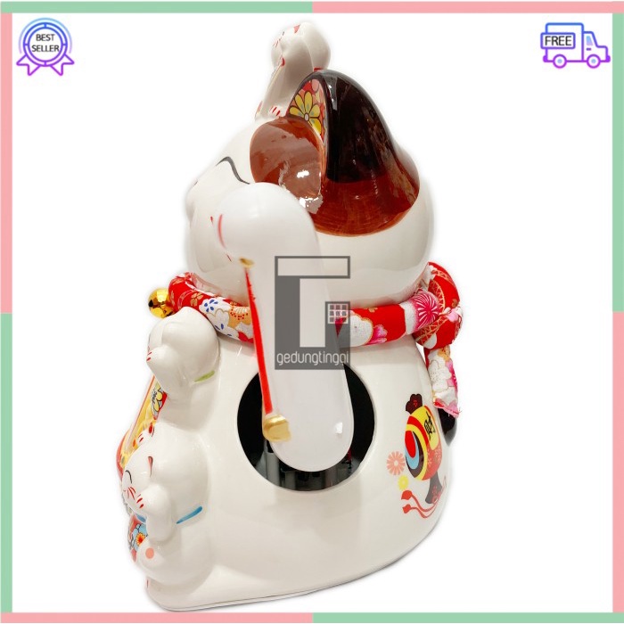 Pajangan Patung Hiasan Dekorasi Boneka Kucing Panggil Rejeki Rezeki Hoki Maneki Neko Maneko Neki ManekiNeko Lucky Cat Keberuntungan Keramik Baterai Batrai Batre Listrik Tangan Gerak Goyang Hias Meja Etalase Toko Kantor Resto Cafe Murah Cina China Jepang