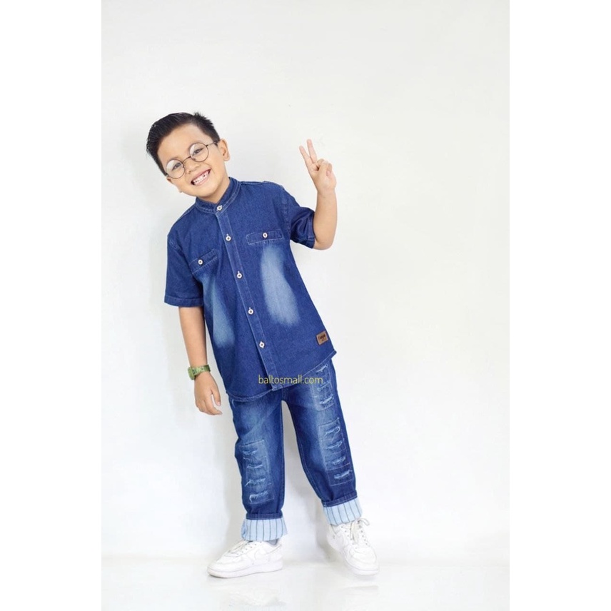 SETELAN ANAK LAKI KEMEJA JEANS KERAH DAN CELANA PANJANG RIPPED BENDERA 1-9 TAHUN- ST01-3