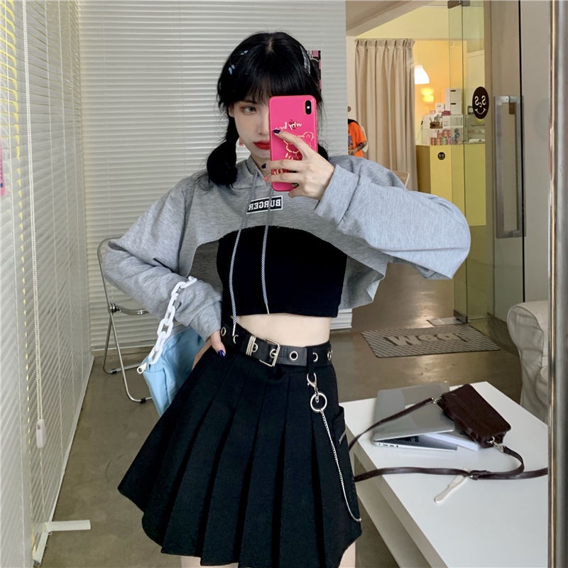 [✅BISA COD] #Sisjuly# Dua Potong Sesuai Xuan Ya Street Dance Hip-Hop Longgar Dicetak Pendek Lengan Panjang Hoodie Cropped