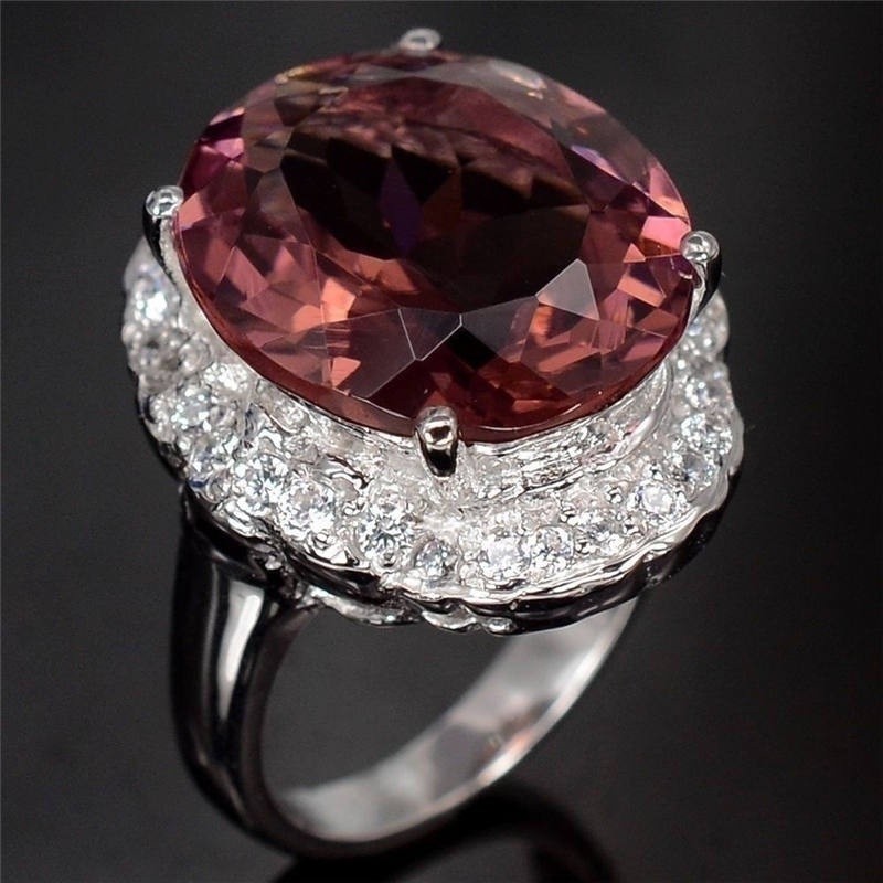SeuSuk Women Exquisite Rubellite Tourmaline Diamond Solitaire Ring Wedding Ring