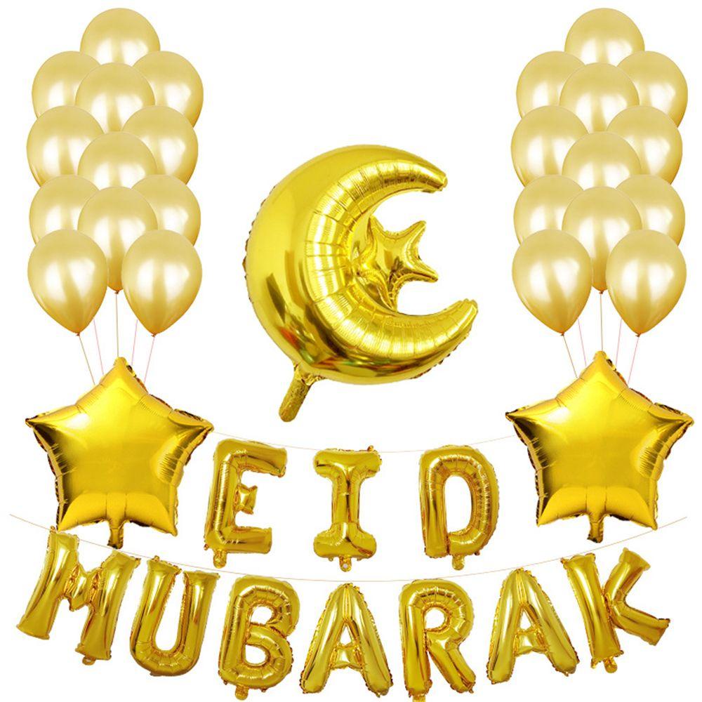 Suyo 37 / 38pcs / Set Balon Foil Motif Eid Mubarak + Bulan + Bintang Untuk Dekorasi Pesta / Festival