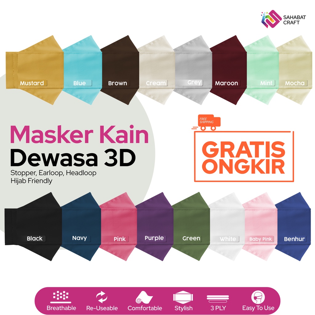 MASKER KAIN 3D STOPPER KALUNG MASKER/EARLOOP/HEADLOOP HIJAB FRIENDLY QUALITY | KF94