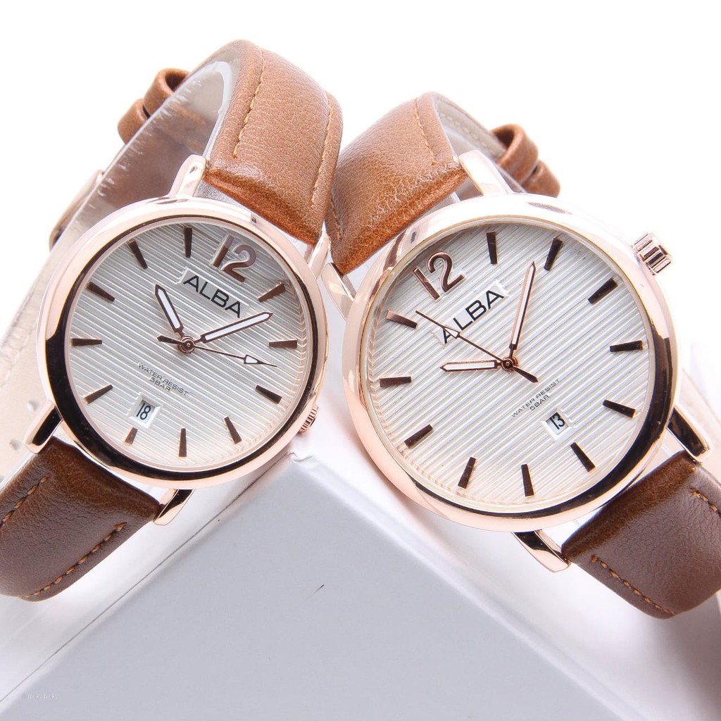 (COD) Jam Tangan Couple / Pasangan Alba A8903 Aj Tanggal Aktif Tali Kulit Free Box & Baterai - Jam T