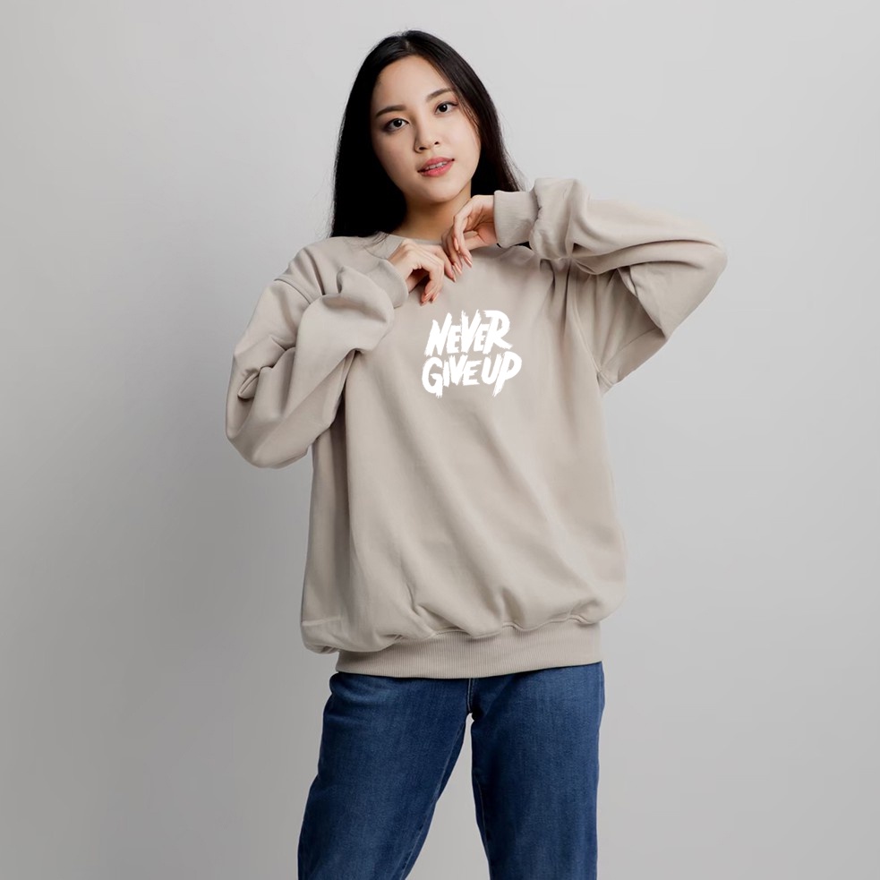 Sweater Never Give Up White Pria &amp; Wanita | Sweater Korea Style Fleece Cotton | Dhea Fashion