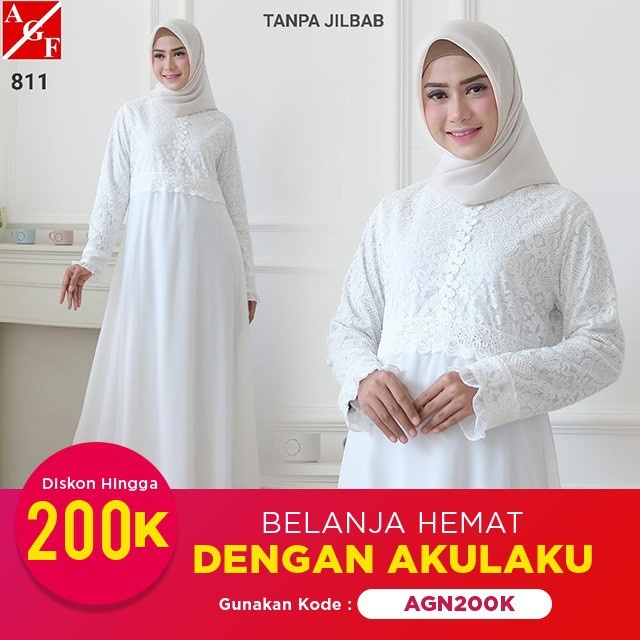 RAS112 - Agnes Baju Gamis Wanita Brukat Gamis Putih Lebaran Umroh Haji