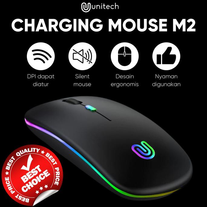 Mouse Wireless Slim Recharger Unitech M2 V2 Silent Mode LED Light Full Termurah