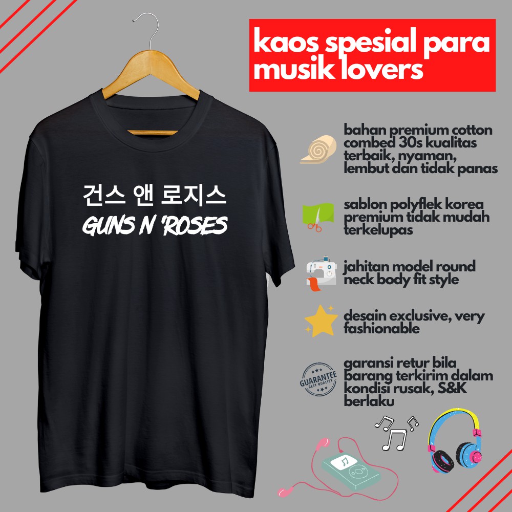 Kaos Distro Musik Band Rock Guns N Roses Tulisan Kata Bahasa Korea Pria Wanita Murah Keren Original