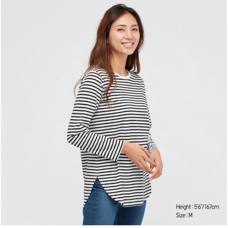 KAOS GARIS KATUN LEMBUT LENGAN PANJANG UNIQLO T-SHIRT SHIRTTAIL HEM SOFT COTTON CEWE