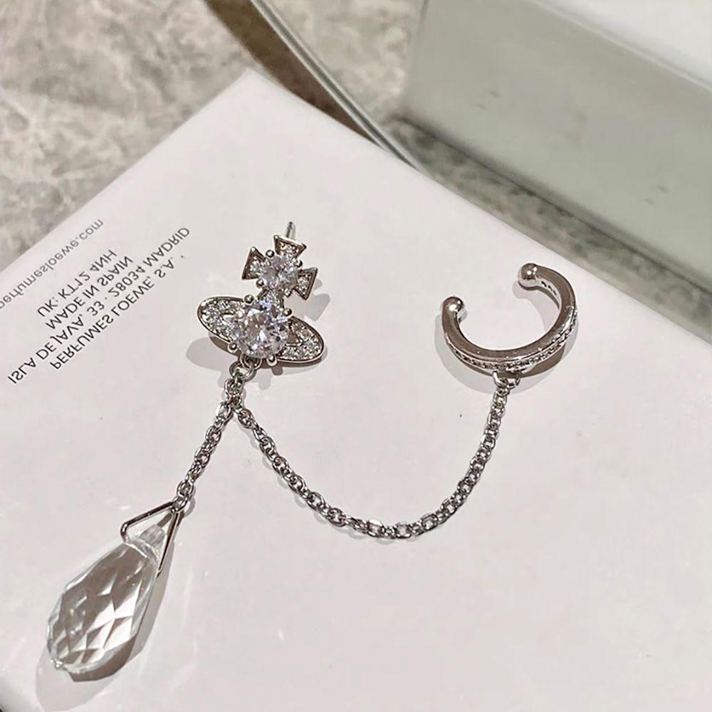 Needway Zirkon Klip Anting Keren Mengkilap Sederhana Hadiah Saturnus Rantai Panjang Tulang Rawan Klip Berlian Perempuan Korea Gaya Telinga Manset