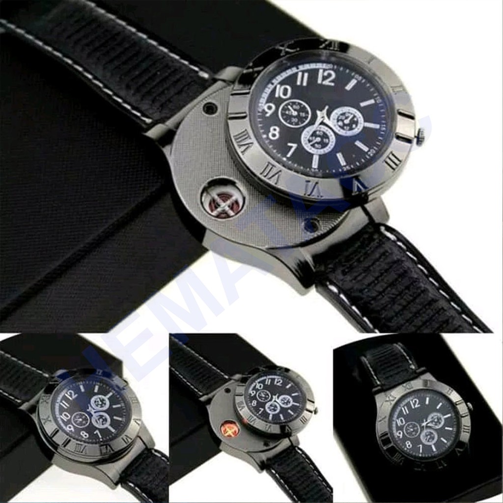 Jam Tangan Korek Api Elektrik Military Outdoor Windproof Travel Formal Pria QUARTZ Pemantik Api