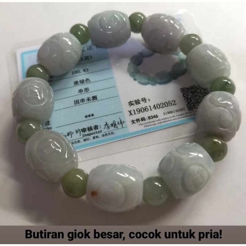 Gelang Giok 100% Jadeite Asli Barrel Lulutong Bersertifikat Grade A (2052)
