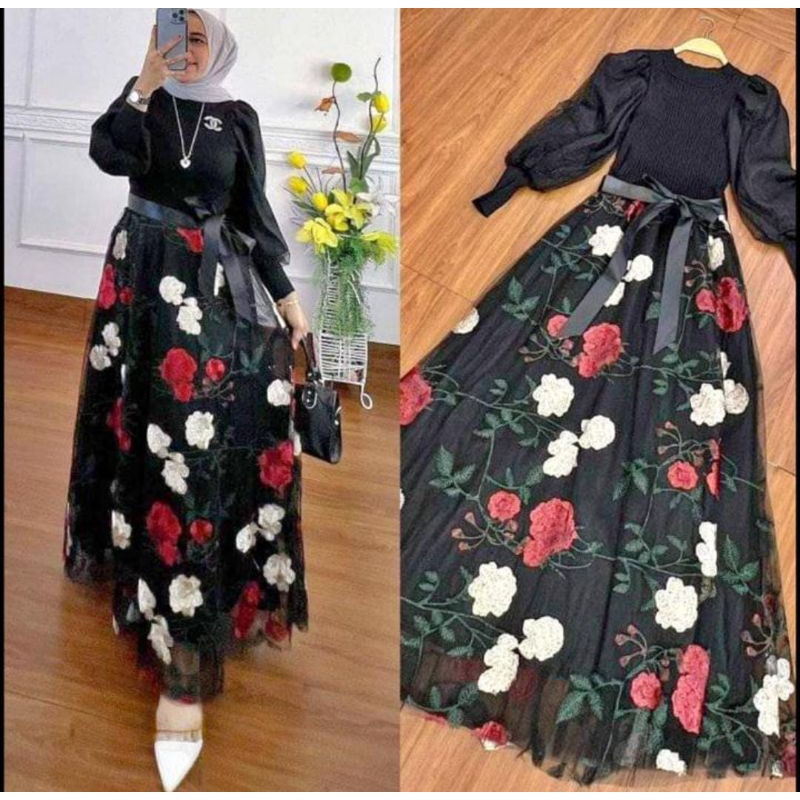 Ready dress queena flowersBhn rajut import premium mix organza importLd 100-110cm /pb.135 Free belt 