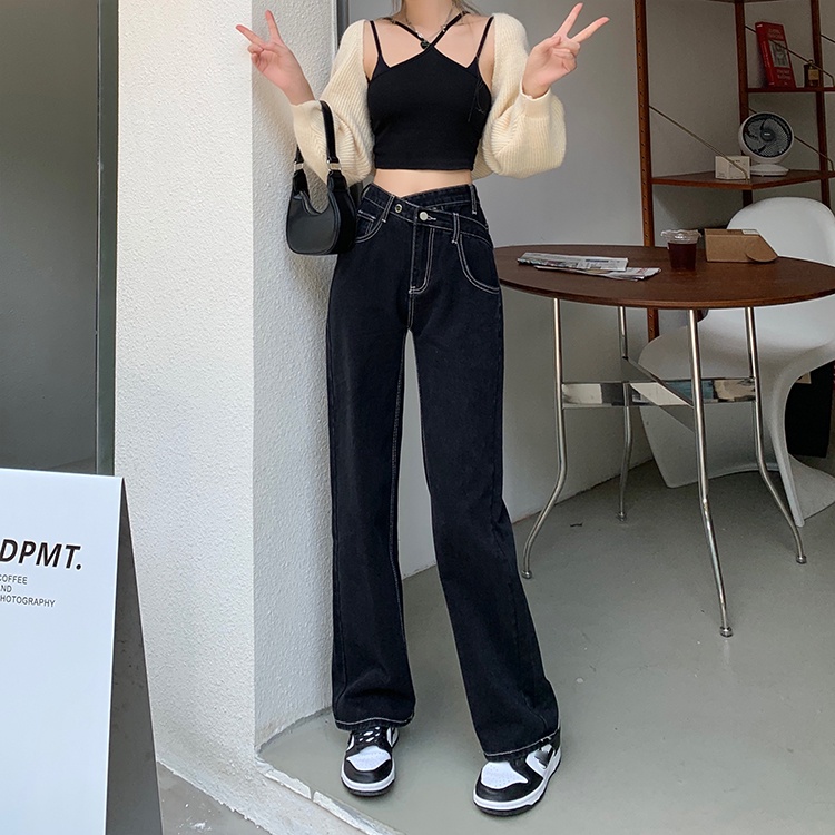 celana jeans wanita terbaru /high-waist straight-leg wide-leg jeans celana highwaist wanita/high-waist hamparan luas leg denim kasual berkobar celana wanita Korea/Celana jins pinggang tinggi korean style kasual celana lurus longgar