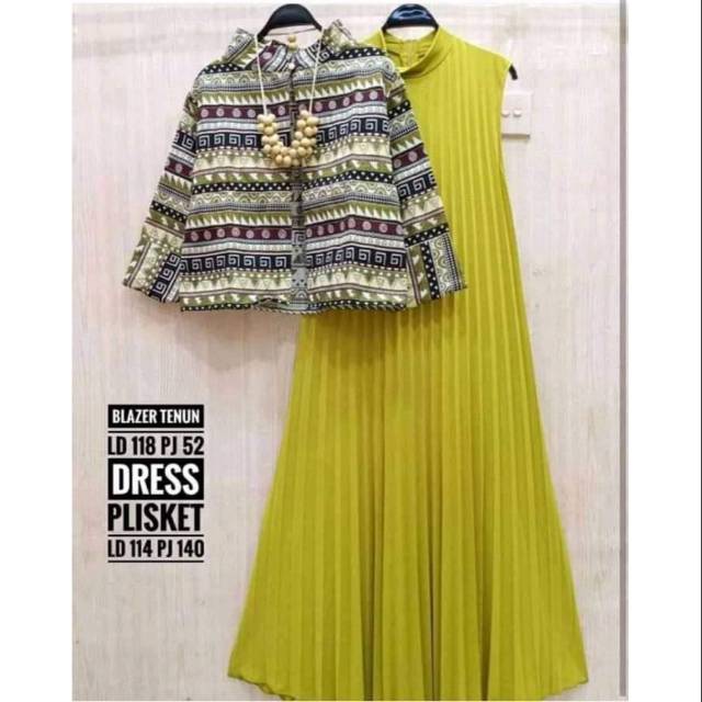 Gamis plisket set blazer tenun terbaru