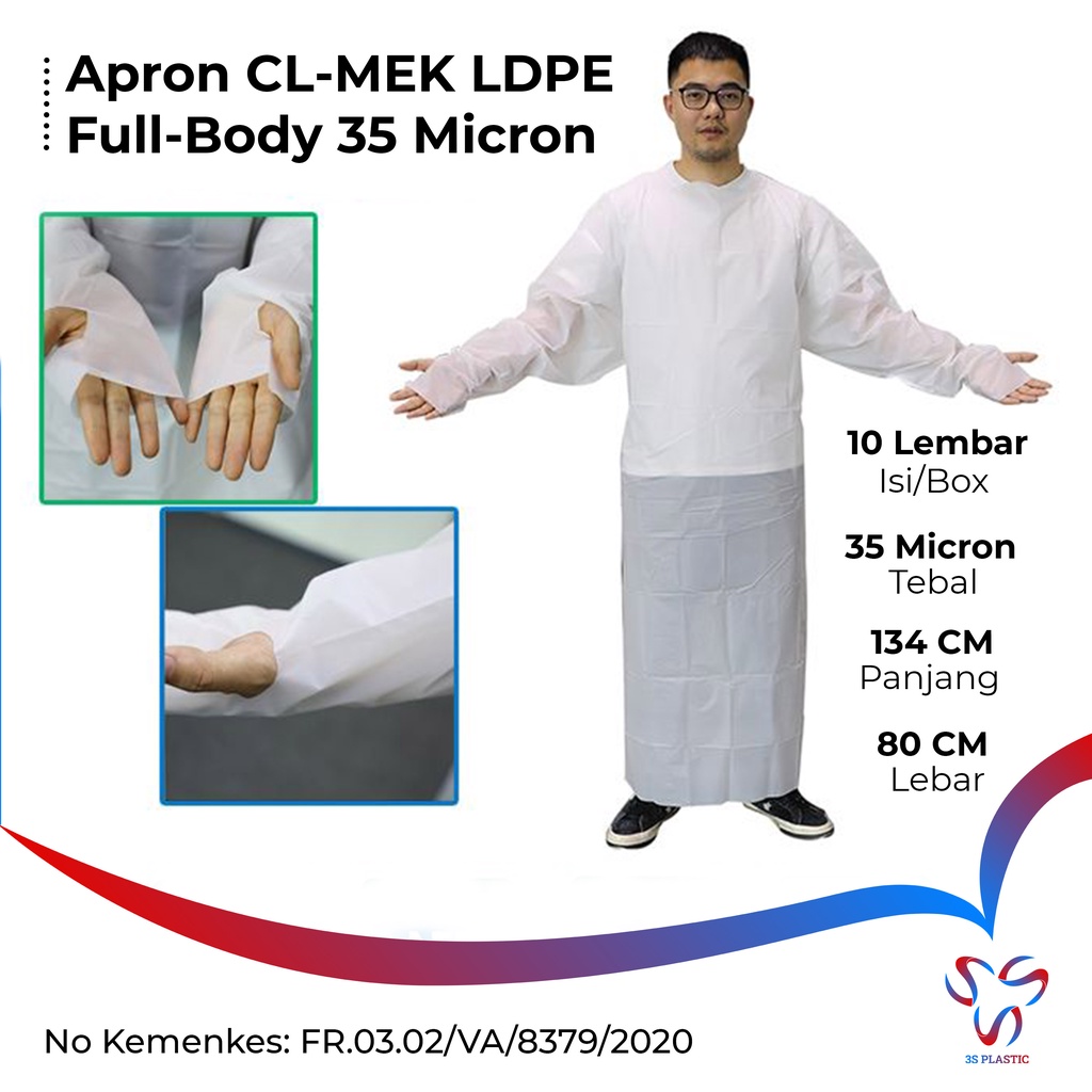 APRON CELEMEK PLASTIK MEDIS SEKALI PAKAI 35 MICRON / DISPOSABLE APPRON FULL BODY ISI 10 PCS
