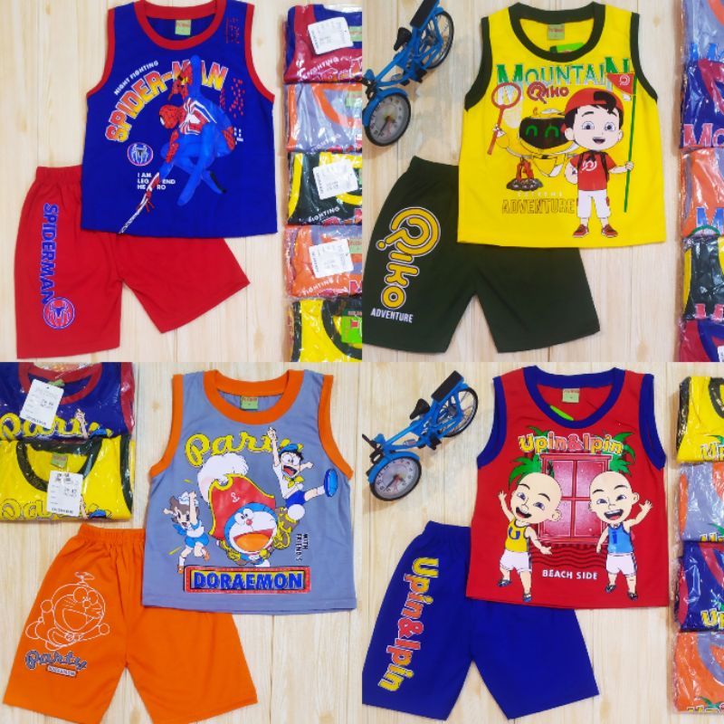 SETELAN UPIN IPIN MC QUEEN  DORAEMON RIKO TAYO TANPA LENGAN - SINGLET 1 SET BAJU ANAK 2-7 THN