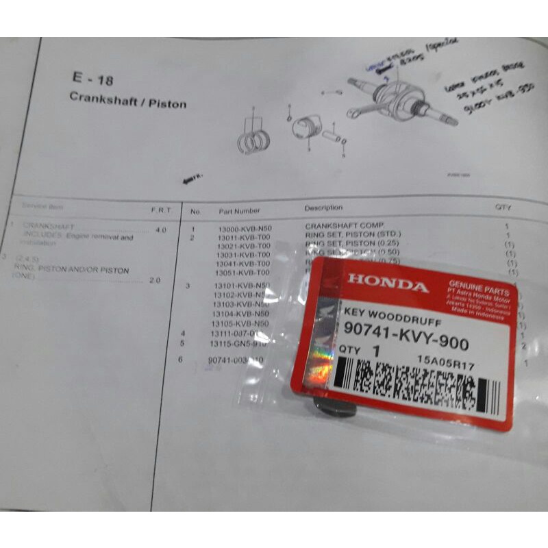 Key Woodruff Atau Spi Mahnit Honda Vario 110 Beat Spacy Scoopy (Karburator dan Injeksi) Kode 90741-K