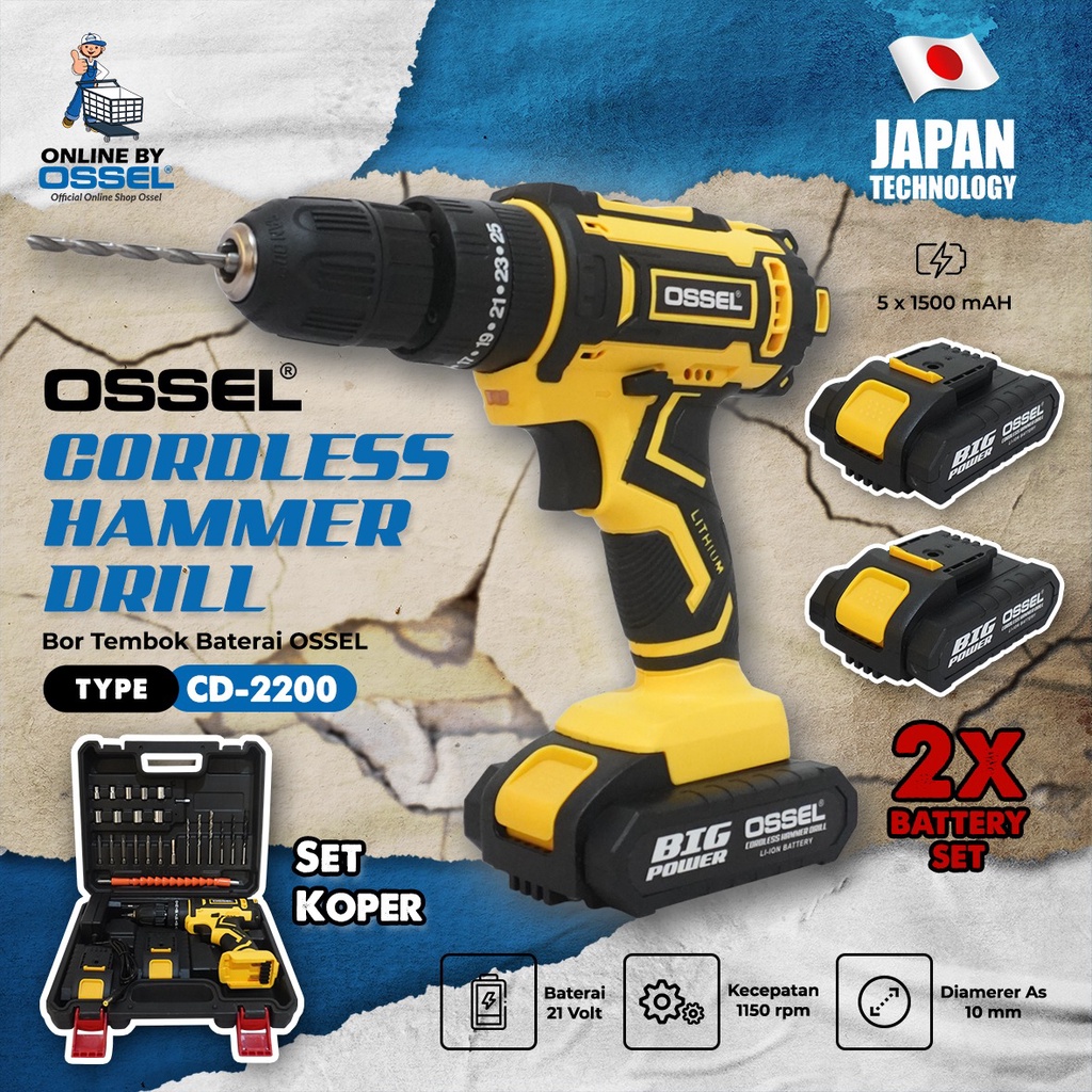 OSSEL Cordless Hammer Drill Bor Tembok Baterai Charger Double Baterai CD2200