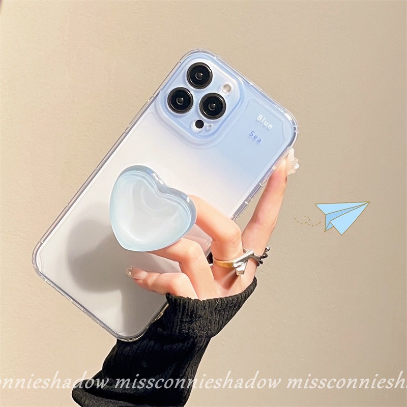 IPHONE Case Kompatibel Untuk Iphone11 13 12 14 Pro Max7 8 Plus 6 6S Plus XR X XS MAX SE 2020mani Lucu Lover Heart Ring Holder Stand Bracket Back Case Transparan Biru Gradasi Soft TPU Cover