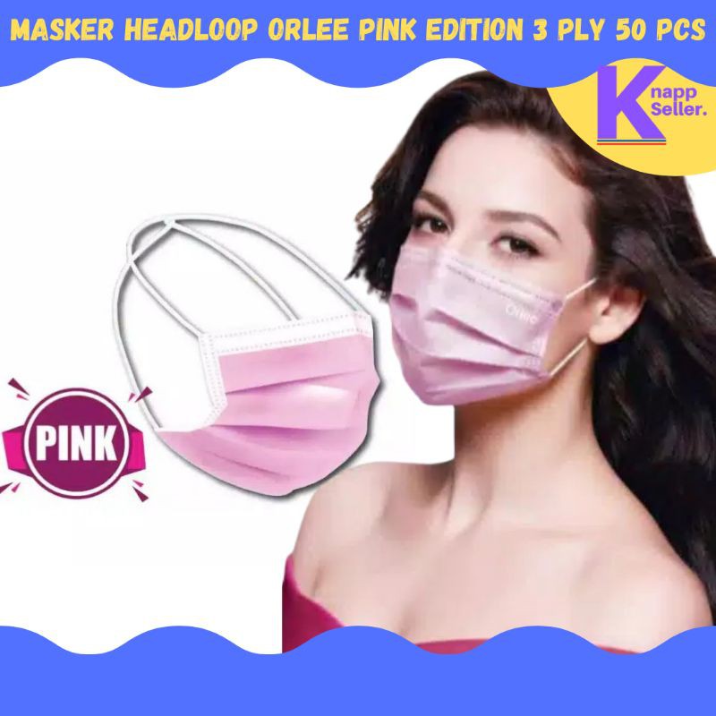 Masker Headloop 3 Ply Hijab Orlee Original kemenkes Pink isi 50