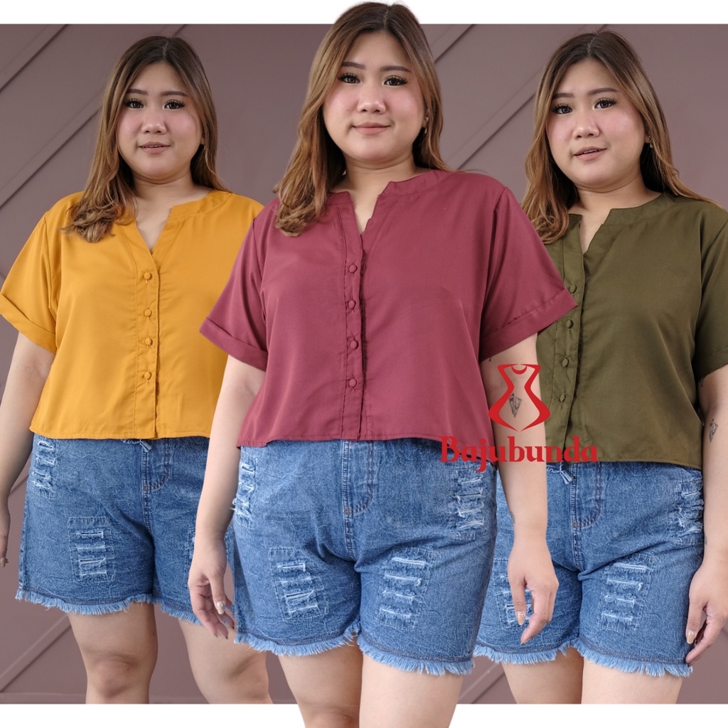 KEMEJA WANITA JUMBO BIG SIZE POLOS LENGAN PENDEK BAJUBUNDA VIA-2