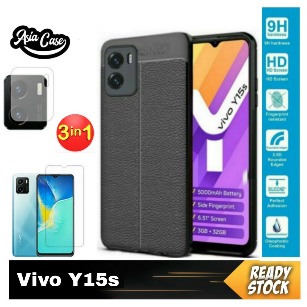 Case VIVO Y15s Free Tempered Glass Bening Layar Dan Tempered Glass Camera Auto Focus Leather Premium