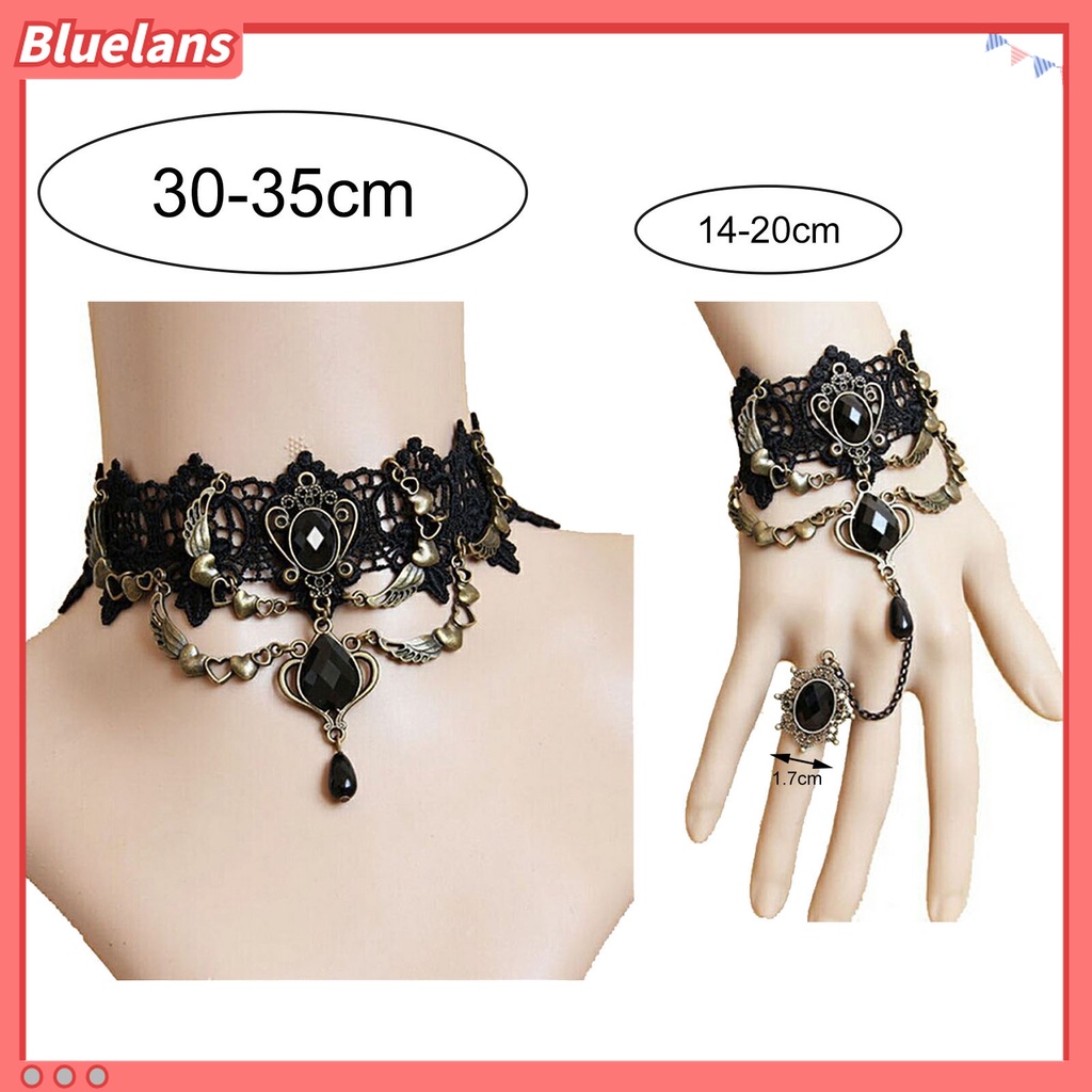 Kalung Gelang Cincin Bahan Lace Warna Hitam Gaya Gothic Punk Untuk Wanita