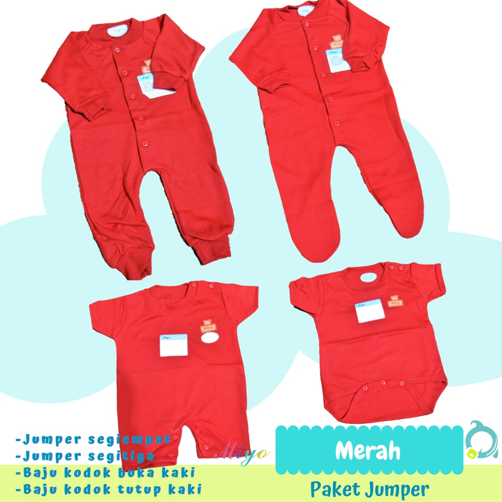 MIYO PAKET Isi 4 ( Salur / Polkadot / Merah ) Jumper / Baju kodok buka kaki / tutup kaki / Sleepsuit