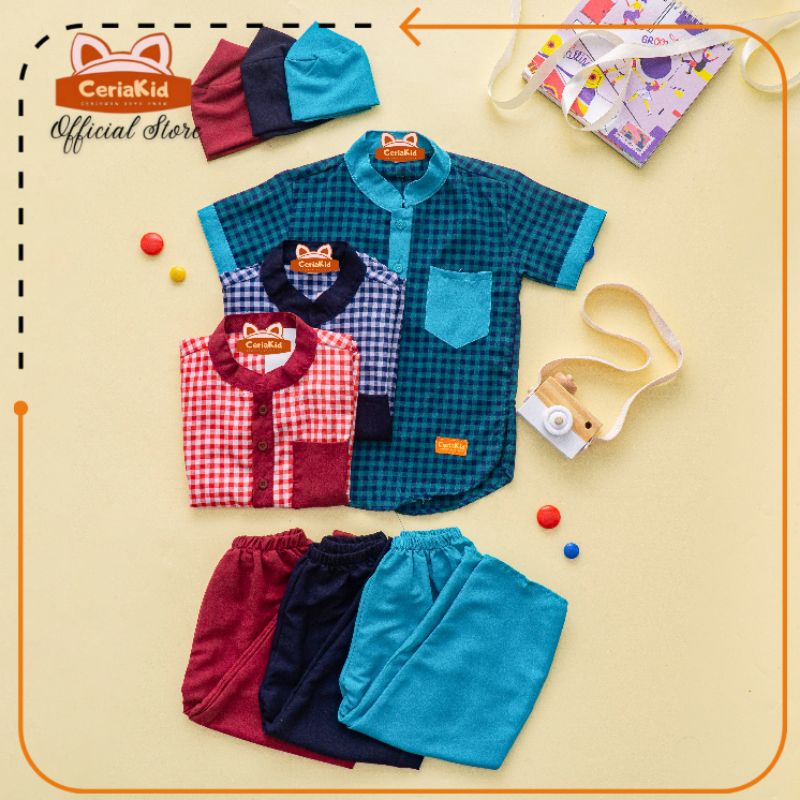 [Ceriakid] Baju Koko Anak Setelan Celana Peci Motif Kotak Kecil