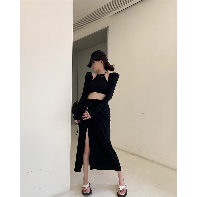 Setelan wanita musim panas pendek lengan panjang kardigan kamisol high-waisted lace-up split skirt fashion tiga potong trendi